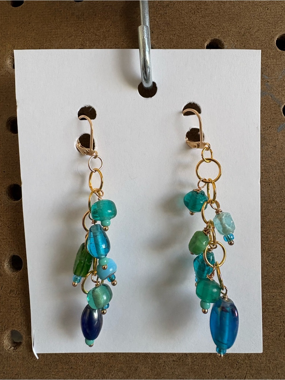 Hand-Crafted Gold Drop Earrings with Blue-Green Beads